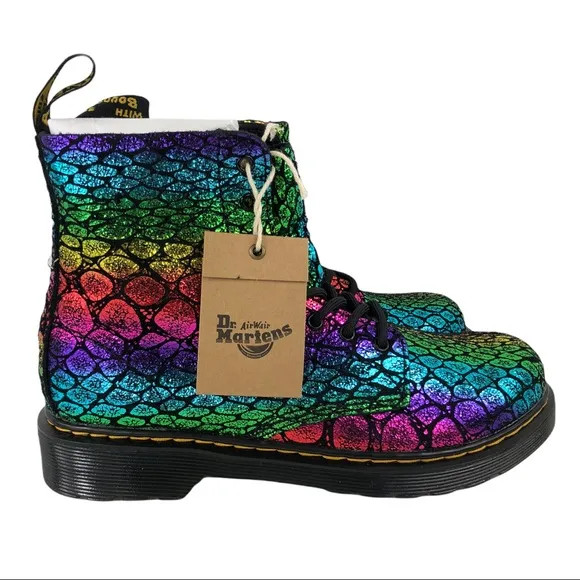 🆕 Dr. Martens 1460 Pascal Croc Metallic Suede Rainbow Boots Big Kids Siz…