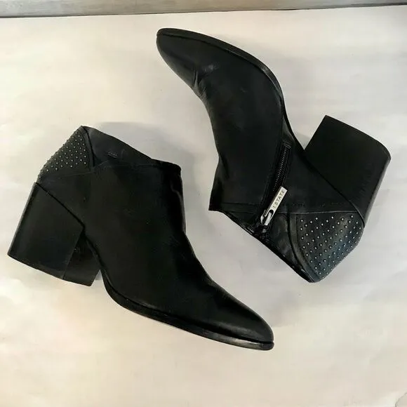 1.State Jelin Black Leather Ankle Studded Boots Block Heel Pointed Toe Women’s 9