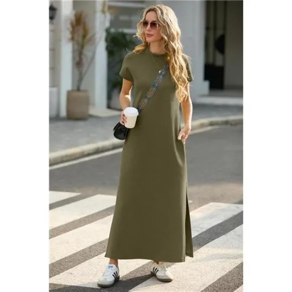 2025 Women Summer Mock Neck Short Sleeve Casual Loose Split