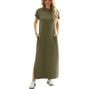 2025 Women Summer Mock Neck Short Sleeve Casual Loose Split