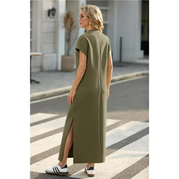 2025 Women Summer Mock Neck Short Sleeve Casual Loose Split