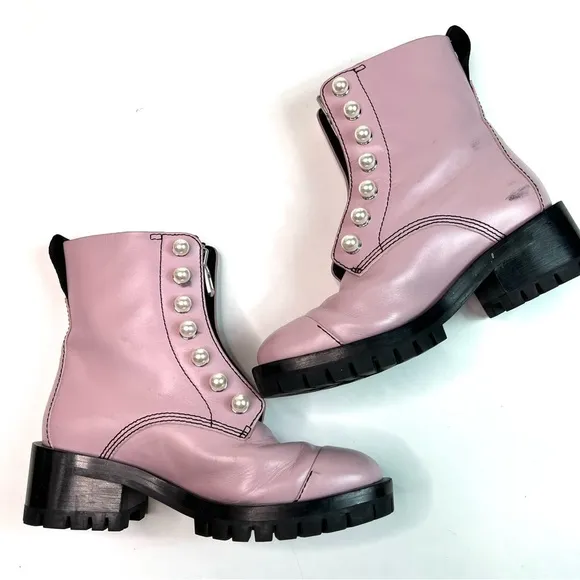 3.1 Phillip Lim Hayett Pink Leather Pearl Zipper Combat Boots Size 36