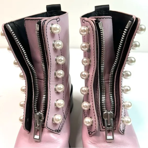 3.1 Phillip Lim Hayett Pink Leather Pearl Zipper Combat Boots Size 36