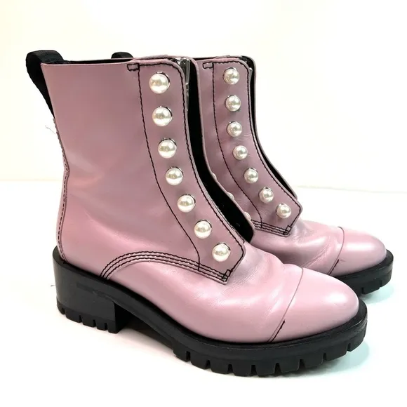 3.1 Phillip Lim Hayett Pink Leather Pearl Zipper Combat Boots Size 36