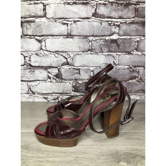 7 Seven For All Mankind Purple Patent Platform Sandals Heels Women Sz 37EU/6.5US