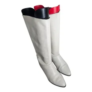 80s Vintage Boots-White Slouch Boots-US Women Size 6 B-Genuine Leather-Flat Mia