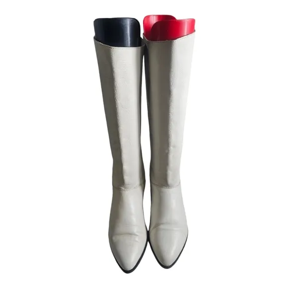 80s Vintage Boots-White Slouch Boots-US Women Size 6 B-Genuine Leather-Flat Mia