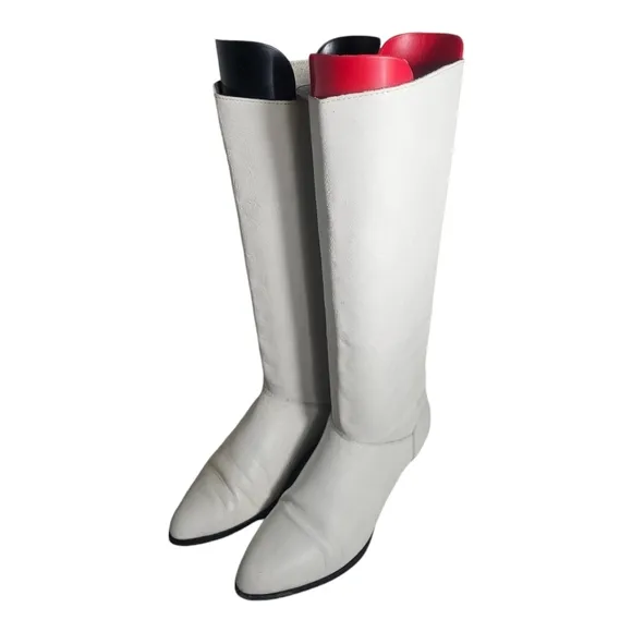 80s Vintage Boots-White Slouch Boots-US Women Size 6 B-Genuine Leather-Flat Mia