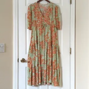Abel The Label Wild Bloom Floral Printed Short Sleeve V-neck Midi Dress Sage S