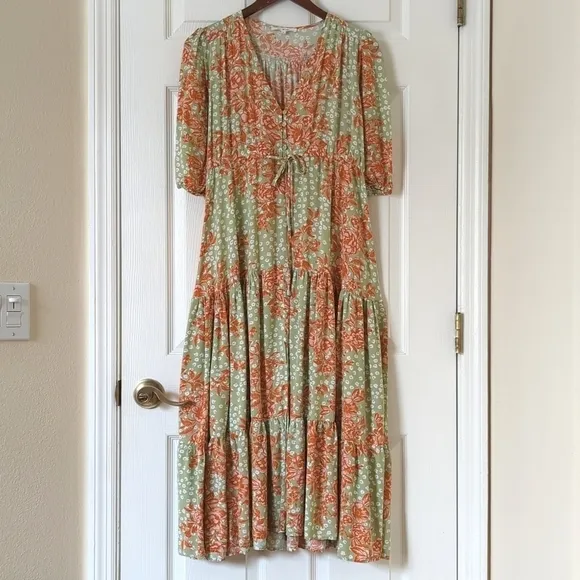 Abel The Label Wild Bloom Floral Printed Short Sleeve V-neck Midi Dress Sage S