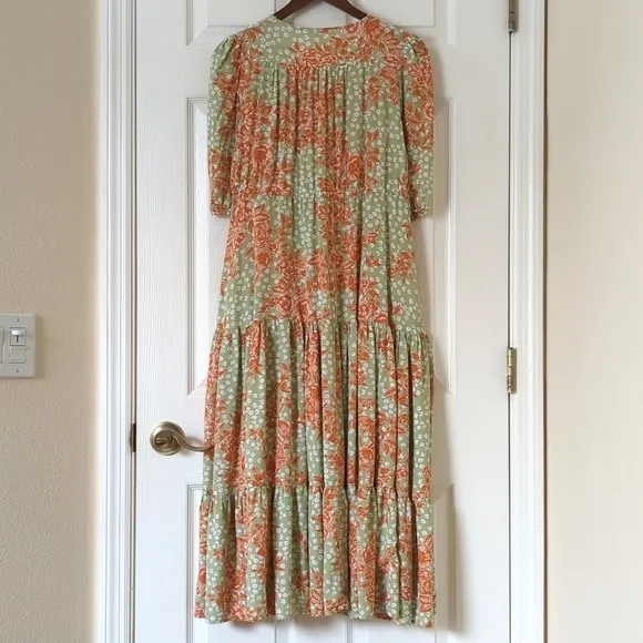 Abel The Label Wild Bloom Floral Printed Short Sleeve V-neck Midi Dress Sage S