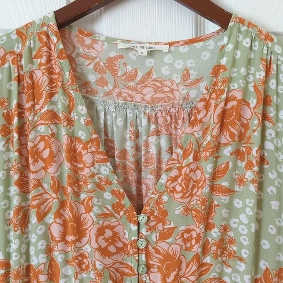 Abel The Label Wild Bloom Floral Printed Short Sleeve V-neck Midi Dress Sage S