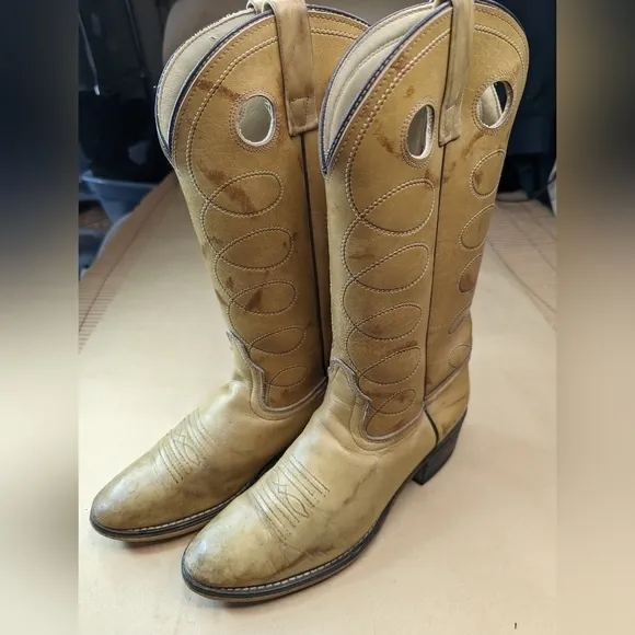 Acme Marble Biege Leather Buckaroo Cowboy Boots Men's Size 9D Style 4612 Made in