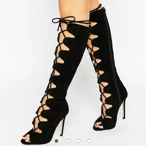 Aldo Women’s Black High Heels Gladiator Boots Suede Strappy Lace Adjustable