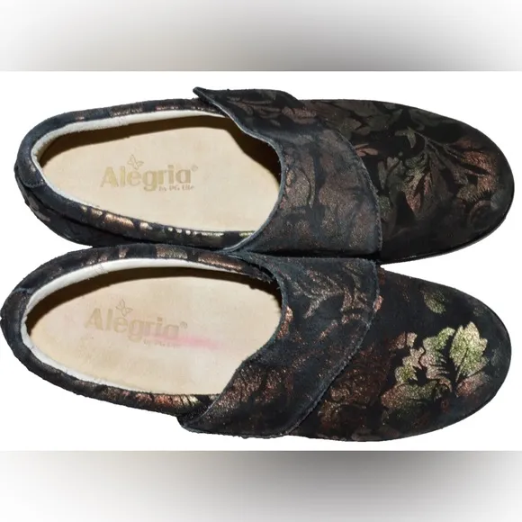 ALEGRIA LAURYN 9.5 10 M 40 BLACK REGAL GOLD COPPER FLORAL CLOGS PLATFORM SHOES