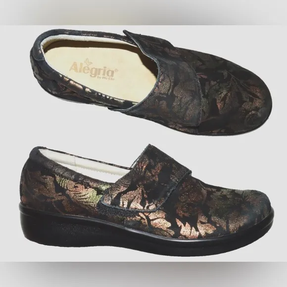 ALEGRIA LAURYN 9.5 10 M 40 BLACK REGAL GOLD COPPER FLORAL CLOGS PLATFORM SHOES