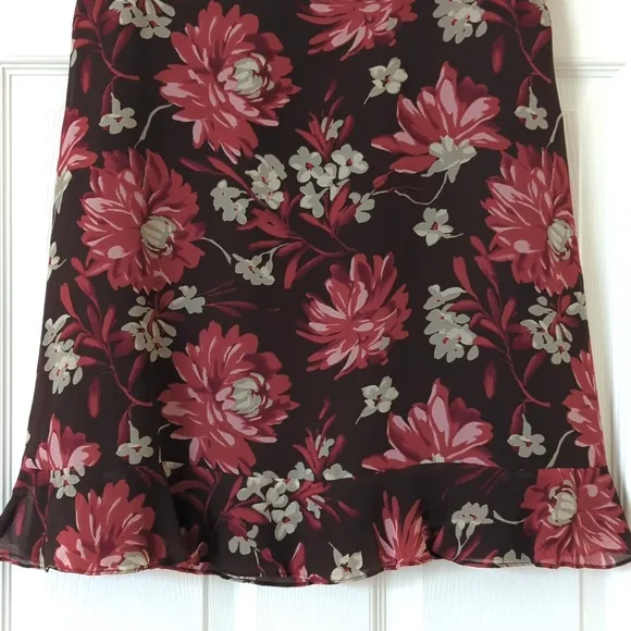 Ann Taylor 90's Vintage Floral Silk Mid Rise A-Line Knee Length Skirt Brown 4