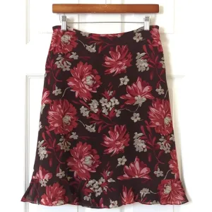 Ann Taylor 90's Vintage Floral Silk Mid Rise A-Line Knee Length Skirt Brown 4