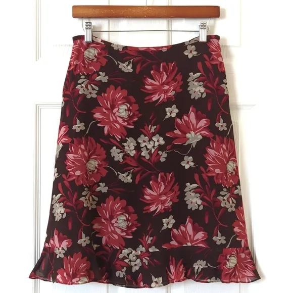 Ann Taylor 90's Vintage Floral Silk Mid Rise A-Line Knee Length Skirt Brown 4
