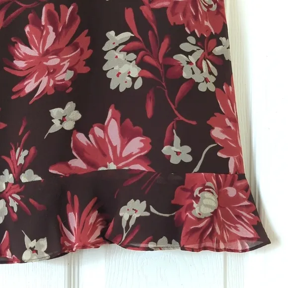 Ann Taylor 90's Vintage Floral Silk Mid Rise A-Line Knee Length Skirt Brown 4
