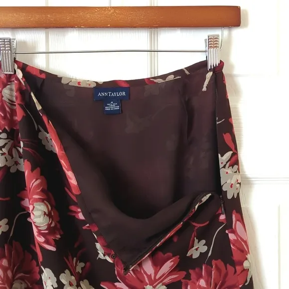 Ann Taylor 90's Vintage Floral Silk Mid Rise A-Line Knee Length Skirt Brown 4