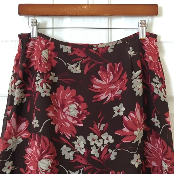 Ann Taylor 90's Vintage Floral Silk Mid Rise A-Line Knee Length Skirt Brown 4
