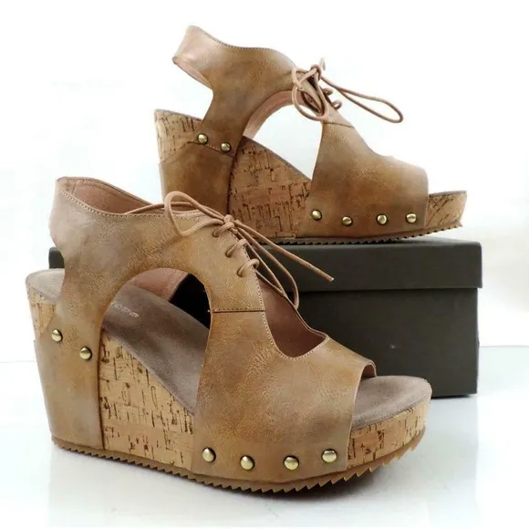 Antelope 702 Lace Up Cutout Platform Wedge Sandals Taupe Metallic