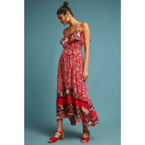 Anthropologie One September Zuri Midi Dress Red Floral Strappy Size Small