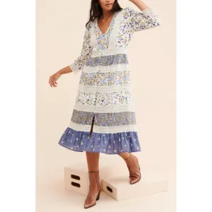 Anthropologie Roberta Midi Dress  Floral Prairie Boho Cottagecore Blue White 8