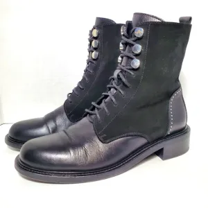 Aquatalia Ali Suede Leather Studded Black Combat Boots Victorian Goth Steam Punk