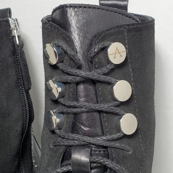 Aquatalia Ali Suede Leather Studded Black Combat Boots Victorian Goth Steam Punk