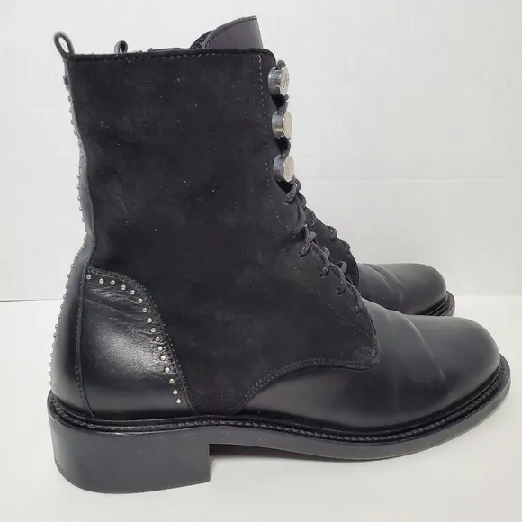 Aquatalia Ali Suede Leather Studded Black Combat Boots Victorian Goth Steam Punk