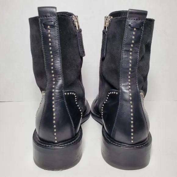 Aquatalia Ali Suede Leather Studded Black Combat Boots Victorian Goth Steam Punk