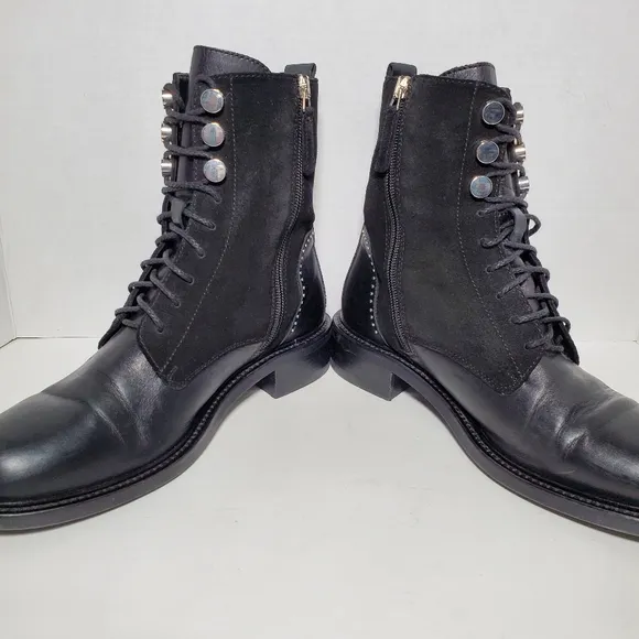 Aquatalia Ali Suede Leather Studded Black Combat Boots Victorian Goth Steam Punk