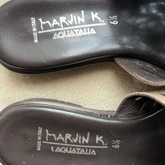 Aquatalia By Marvin K Taupe Nubuck Leather Slide Flat Sandal Women 6.5 Laser Cut
