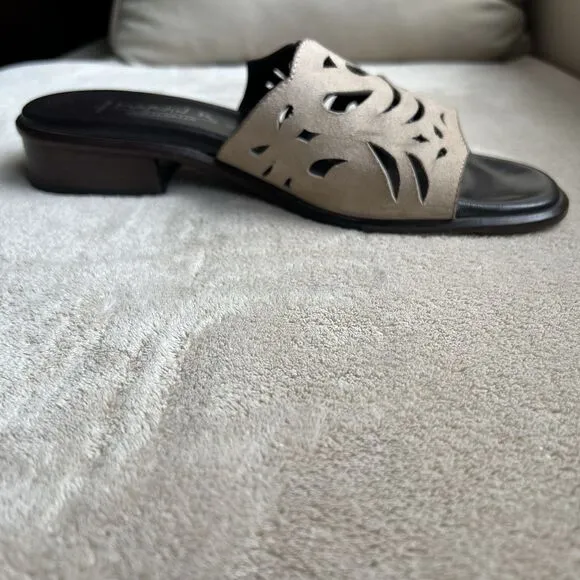Aquatalia By Marvin K Taupe Nubuck Leather Slide Flat Sandal Women 6.5 Laser Cut