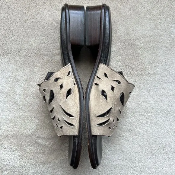 Aquatalia By Marvin K Taupe Nubuck Leather Slide Flat Sandal Women 6.5 Laser Cut