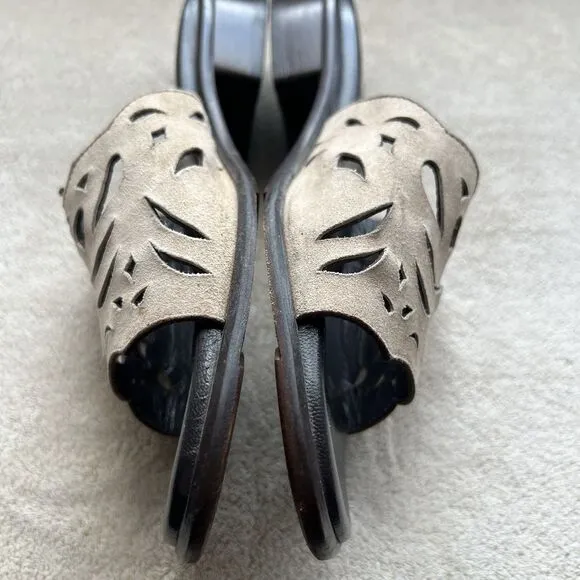 Aquatalia By Marvin K Taupe Nubuck Leather Slide Flat Sandal Women 6.5 Laser Cut