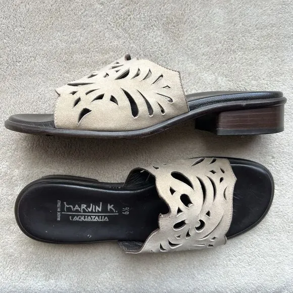 Aquatalia By Marvin K Taupe Nubuck Leather Slide Flat Sandal Women 6.5 Laser Cut