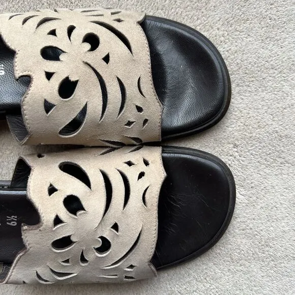 Aquatalia By Marvin K Taupe Nubuck Leather Slide Flat Sandal Women 6.5 Laser Cut