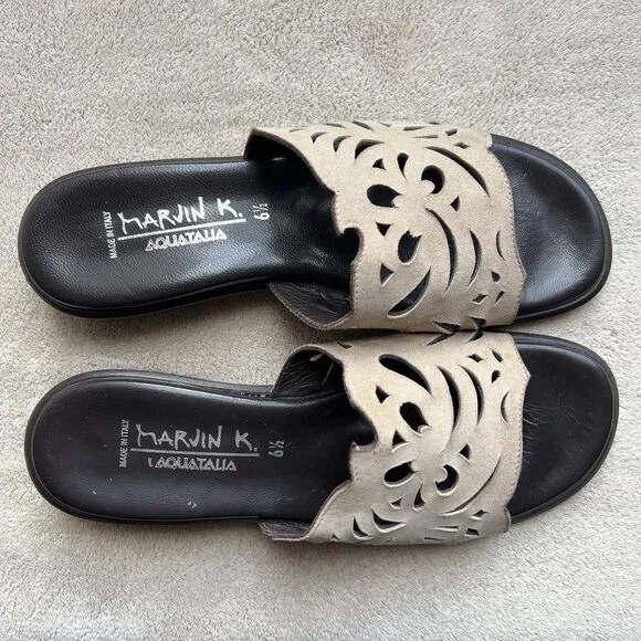 Aquatalia By Marvin K Taupe Nubuck Leather Slide Flat Sandal Women 6.5 Laser Cut