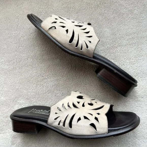 Aquatalia By Marvin K Taupe Nubuck Leather Slide Flat Sandal Women 6.5 Laser Cut