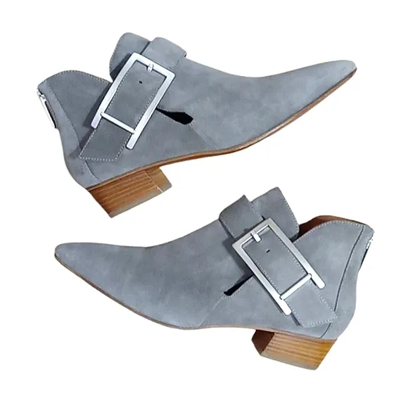 Aquatalia Filomena Ankle Boots in Ash Suede Leather Buckle Detail Pointed Toe