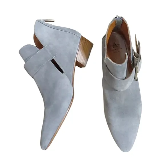 Aquatalia Filomena Ankle Boots in Ash Suede Leather Buckle Detail Pointed Toe