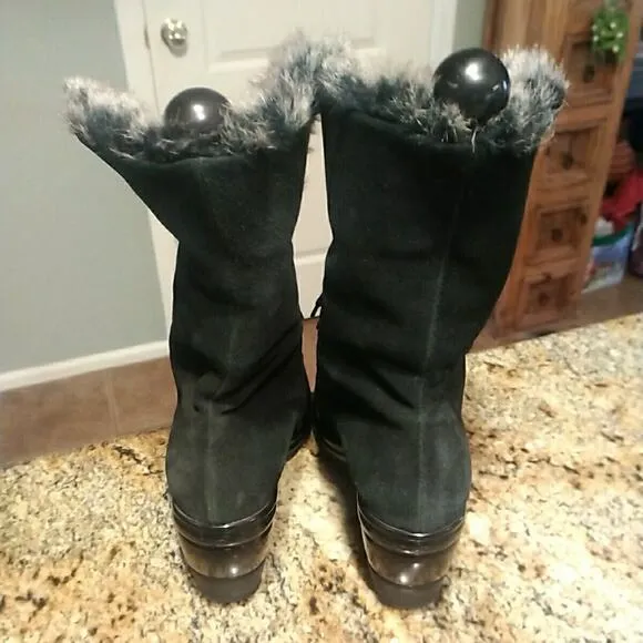AQUATALIA Women's Size 9 Black Weatherproof Suede Wedge Faux Fur Boots