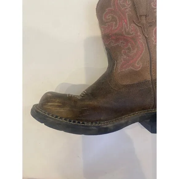 Ariat Fatbaby Brown Pink Cowgirl Boots Leather Sz 7.5B Western Pull-On Casual