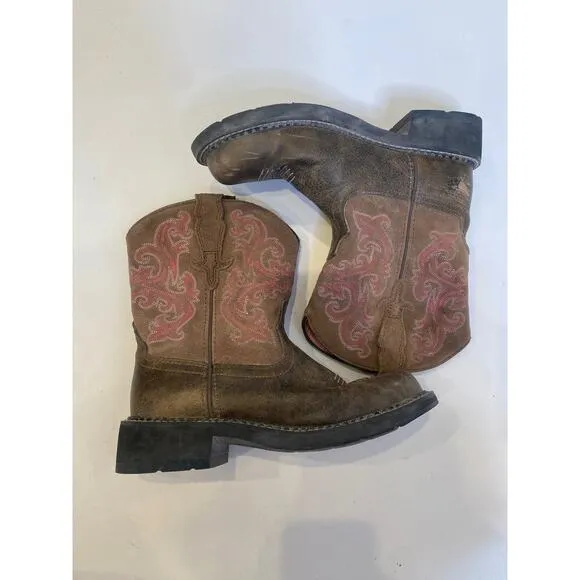 Ariat Fatbaby Brown Pink Cowgirl Boots Leather Sz 7.5B Western Pull-On Casual