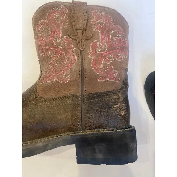 Ariat Fatbaby Brown Pink Cowgirl Boots Leather Sz 7.5B Western Pull-On Casual