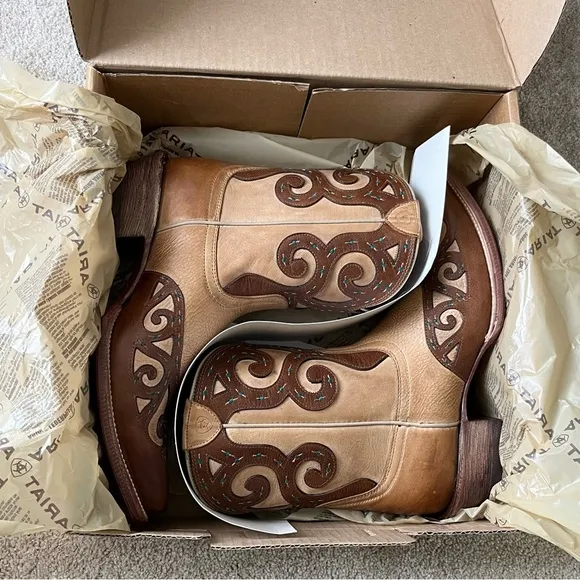 Ariat Rio Leather Western Snip Toe Cowboy Boots-Womens 8.5-Tan/Brown-8in-NEW-NIB