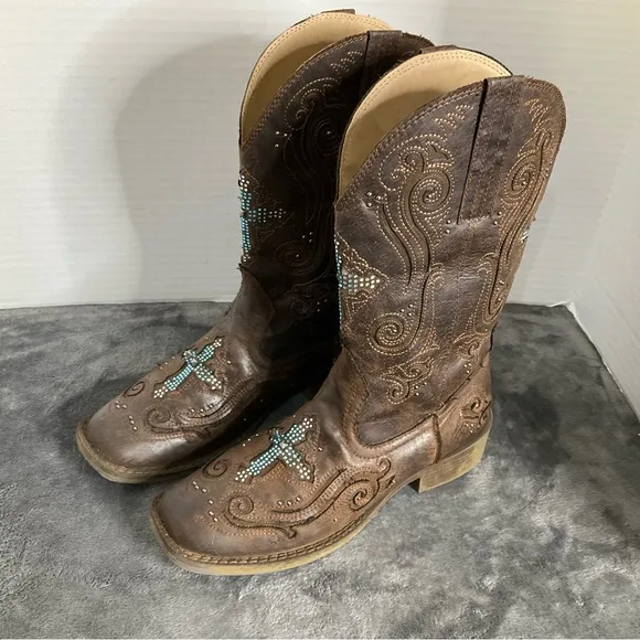 Ariat Roper Brown Studded Kid’sBoots With Rhinestone Cross Square Toe Sz 6.5